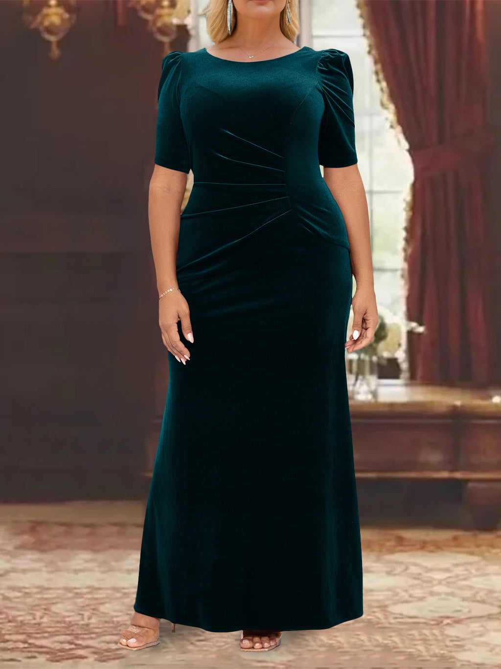 Plus Size Mother of the Bride A-Line Princess Dress with Scoop Neck Half Sleeves and Ruffles