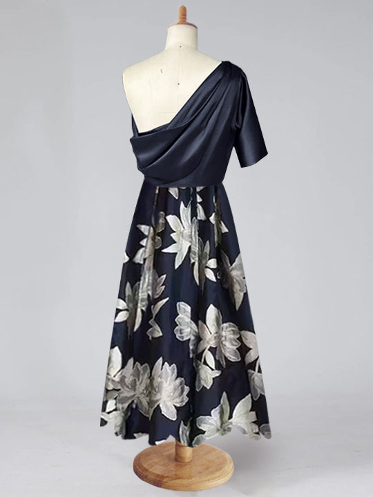 Printed Flower Plus Size Mother of the Bride A-Line Princess One-Shoulder Dress