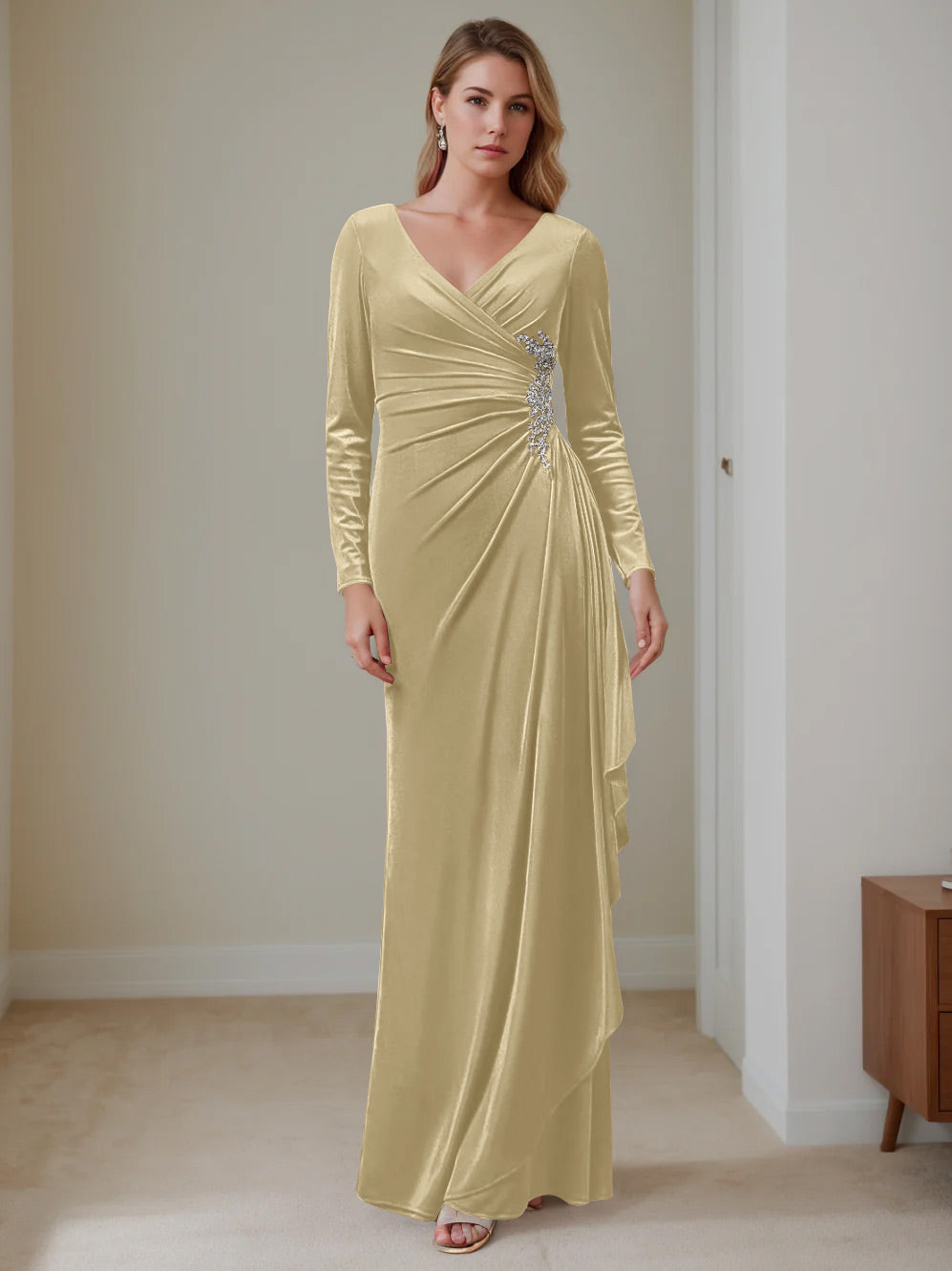 V-Neck A-Line Princess Floor-Length Velvet Mother of the Bride Dress with Ruffled Long Sleeves
