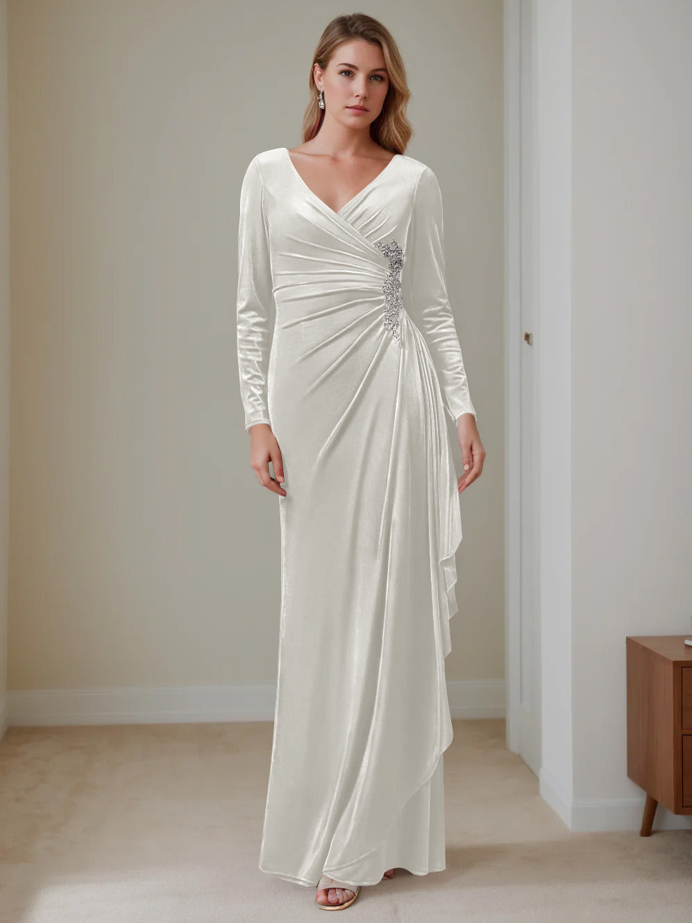 V-Neck A-Line Princess Floor-Length Velvet Mother of the Bride Dress with Ruffled Long Sleeves