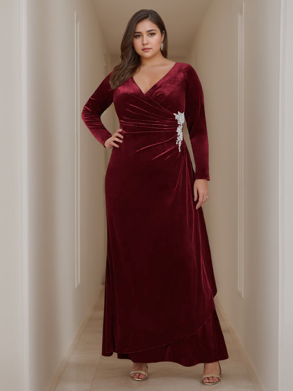 V-Neck A-Line Princess Floor-Length Velvet Mother of the Bride Dress with Ruffled Long Sleeves