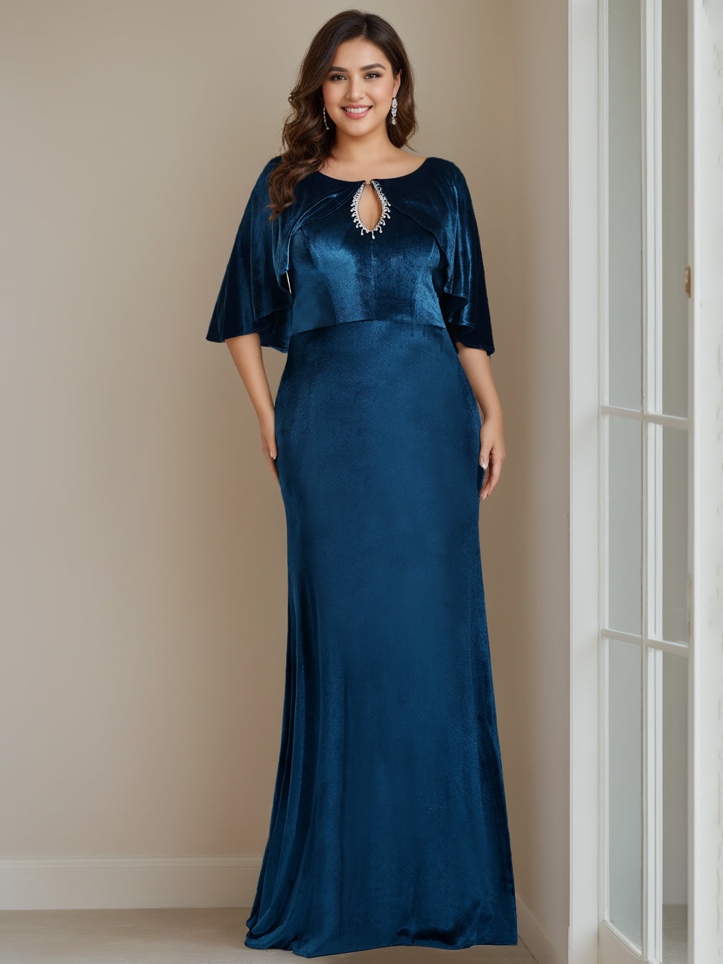 Floor-Length Velvet Mother of the Bride Dress with Scoop Neck Half Sleeves and Beaded Appliques & Sequins