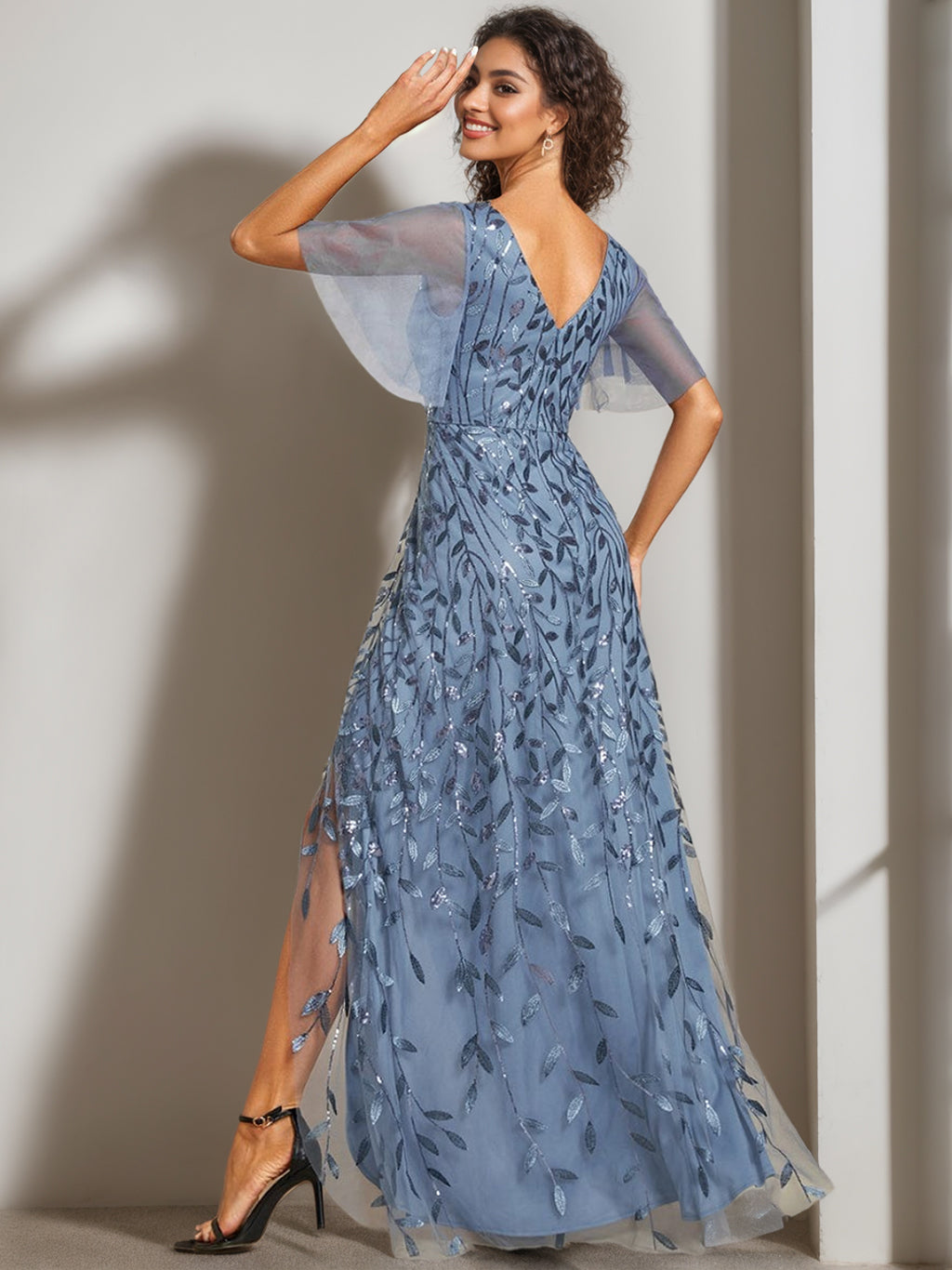 V-Neck A-Line Princess Short Sleeve Asymmetrical Mother of the Bride Dress with Sequins