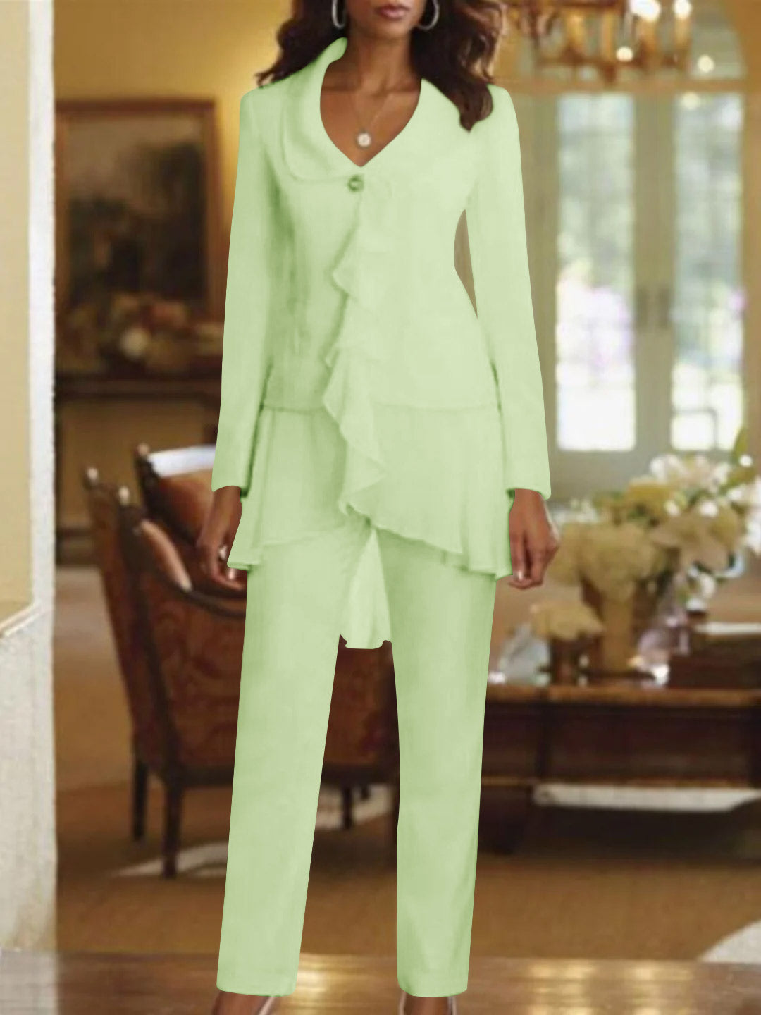 Floor-Length White V-Neck Pantsuit With Long Sleeves and Ruffle for Mother of the Bride