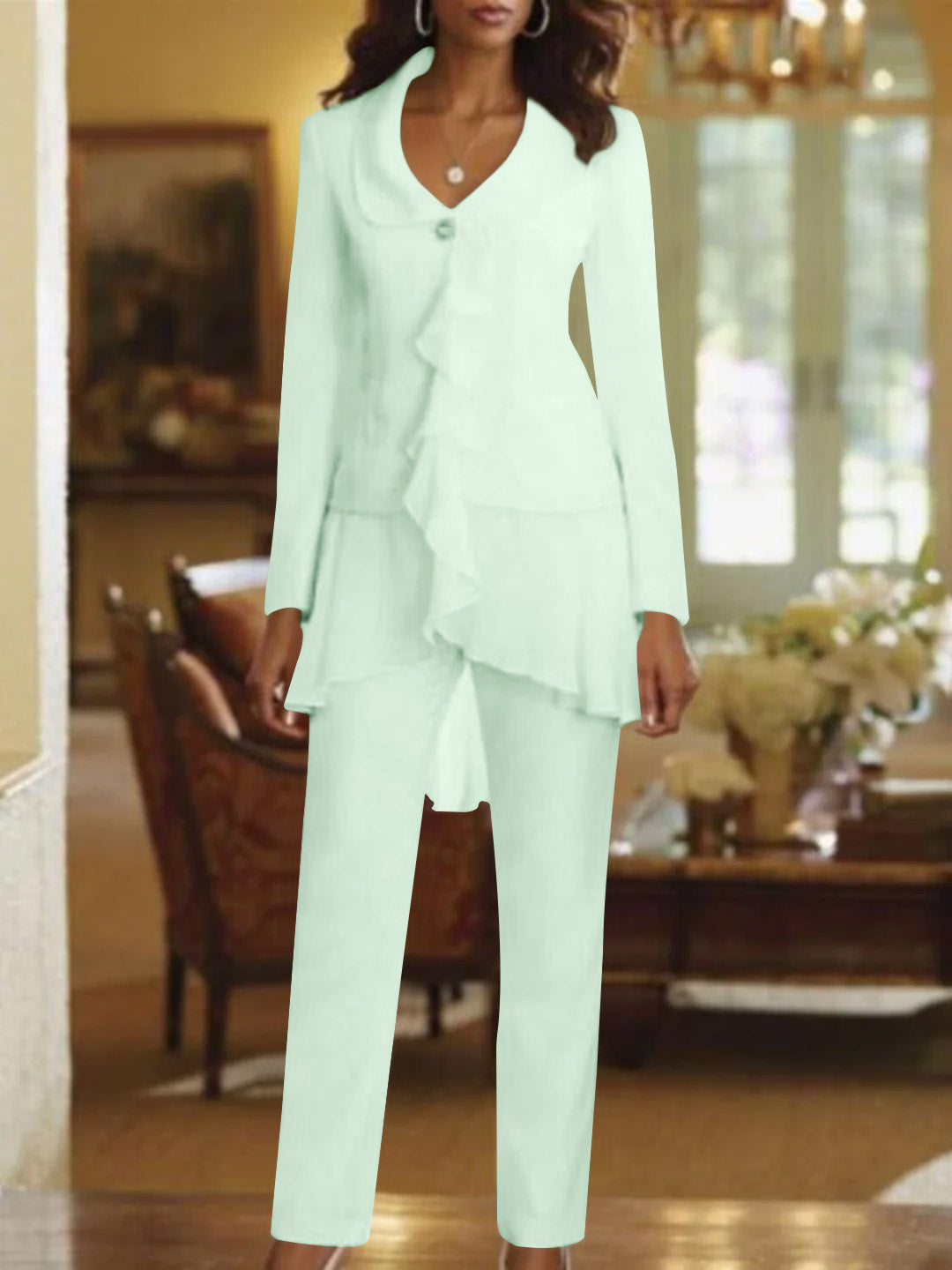 Floor-Length White V-Neck Pantsuit With Long Sleeves and Ruffle for Mother of the Bride