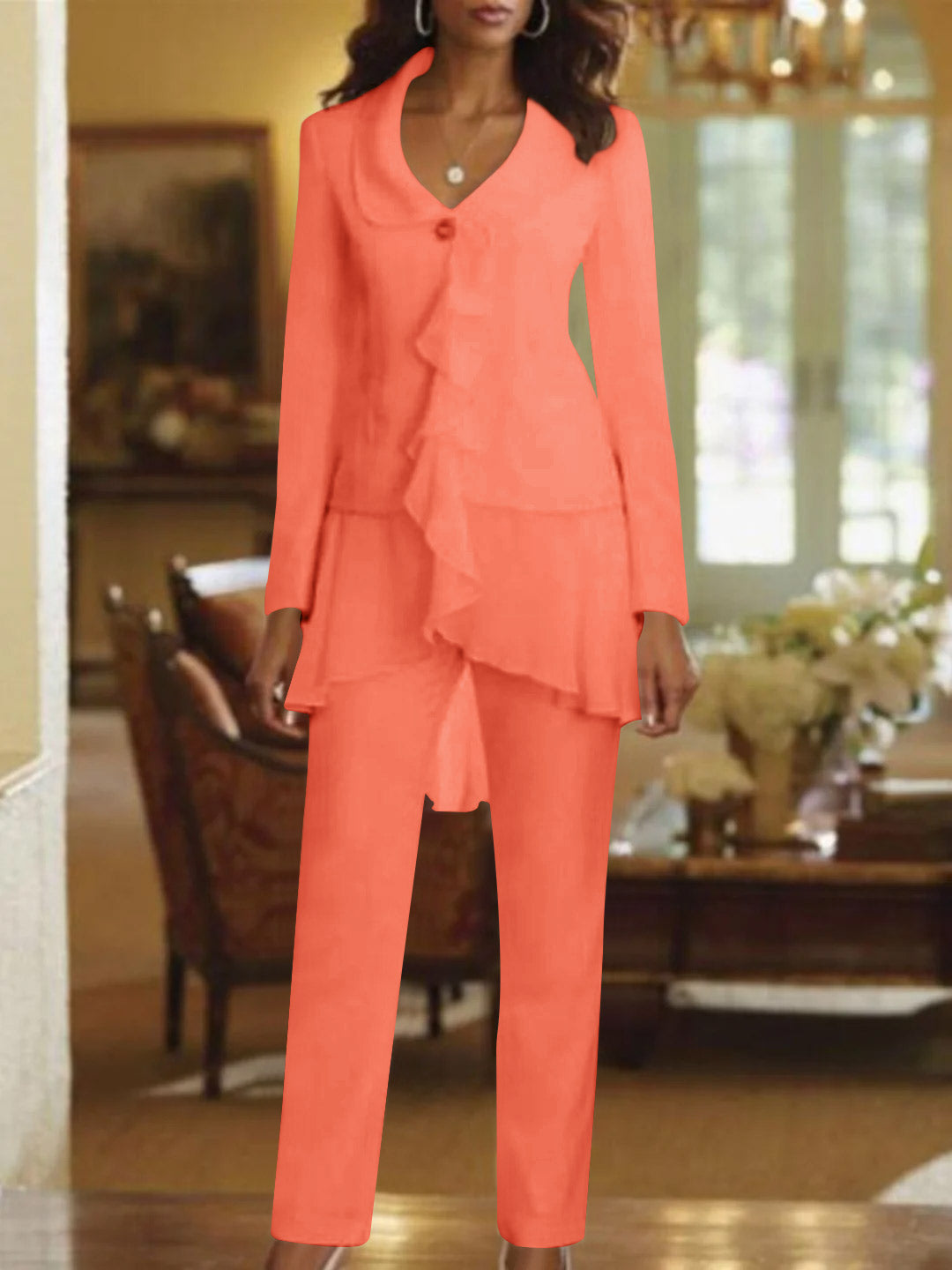 Floor-Length White V-Neck Pantsuit With Long Sleeves and Ruffle for Mother of the Bride