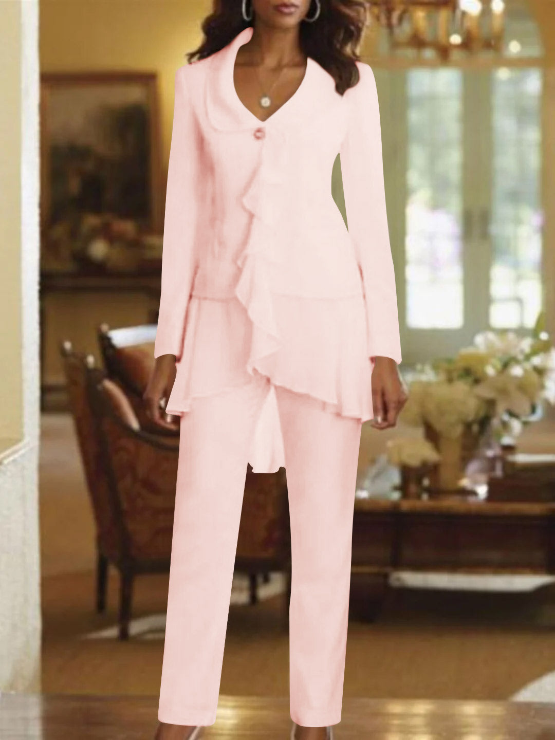 Floor-Length White V-Neck Pantsuit With Long Sleeves and Ruffle for Mother of the Bride
