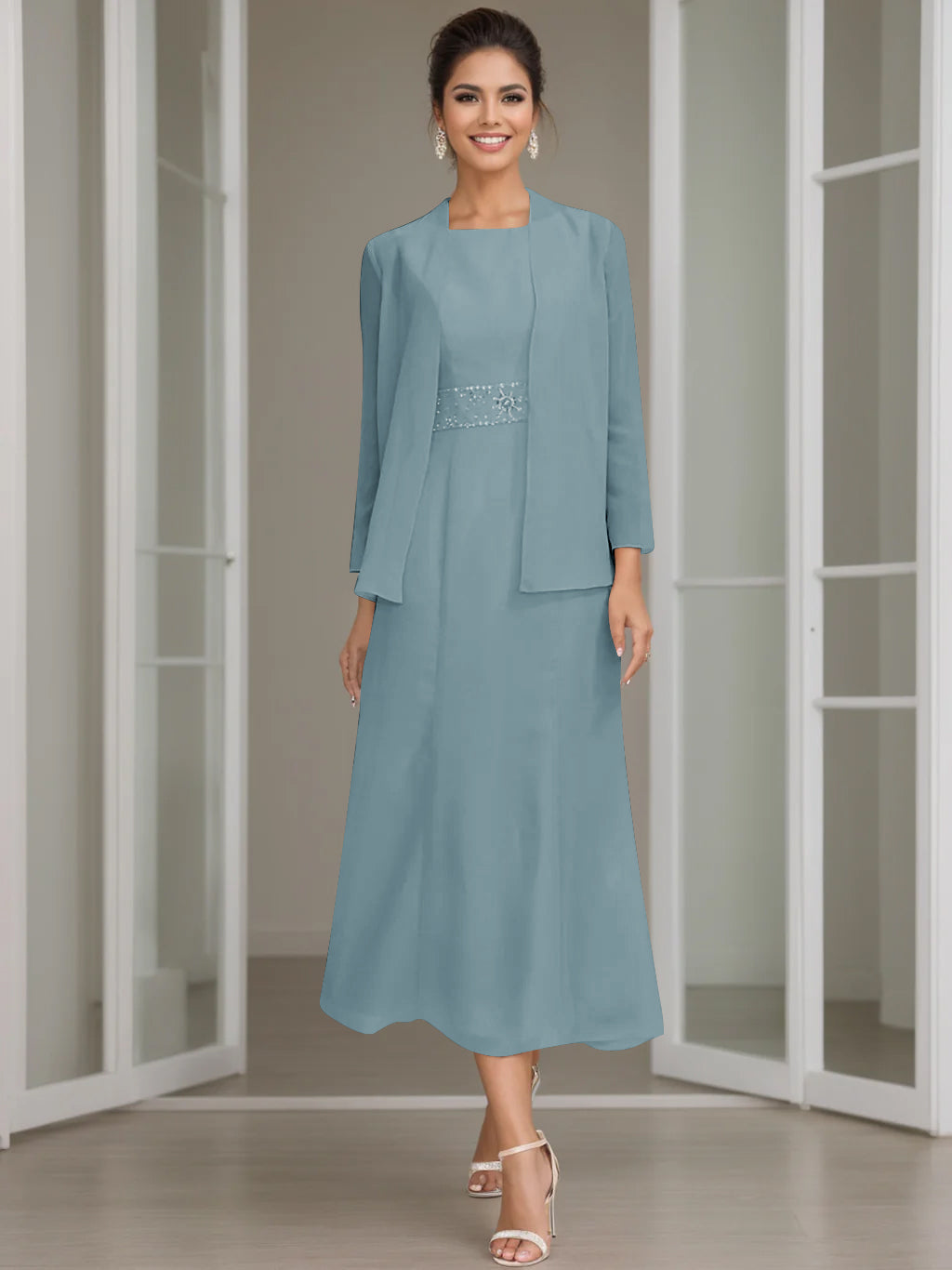 Tea-Length Mother of the Bride Sheath Dress with Beaded Jacket