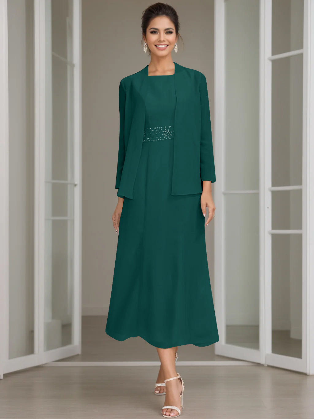 Tea-Length Mother of the Bride Sheath Dress with Beaded Jacket