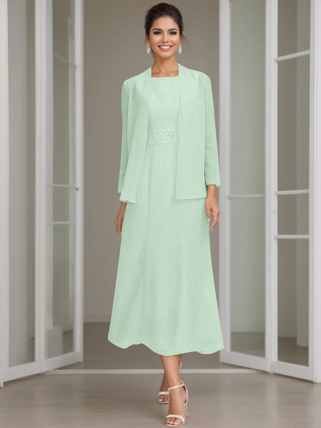 Tea-Length Mother of the Bride Sheath Dress with Beaded Jacket