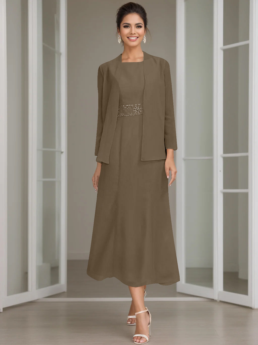 Tea-Length Mother of the Bride Sheath Dress with Beaded Jacket