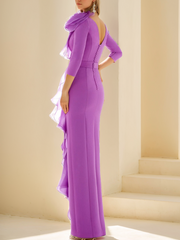 Long Mother of the Bride Dress with Ruffles 3/4 Sleeves and Floor-Length Sheath/Column Jewel Neck