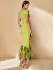 Unique Off-the-Shoulder Tea-Length Mother of the Bride Dress with Short Sleeves and Feathers