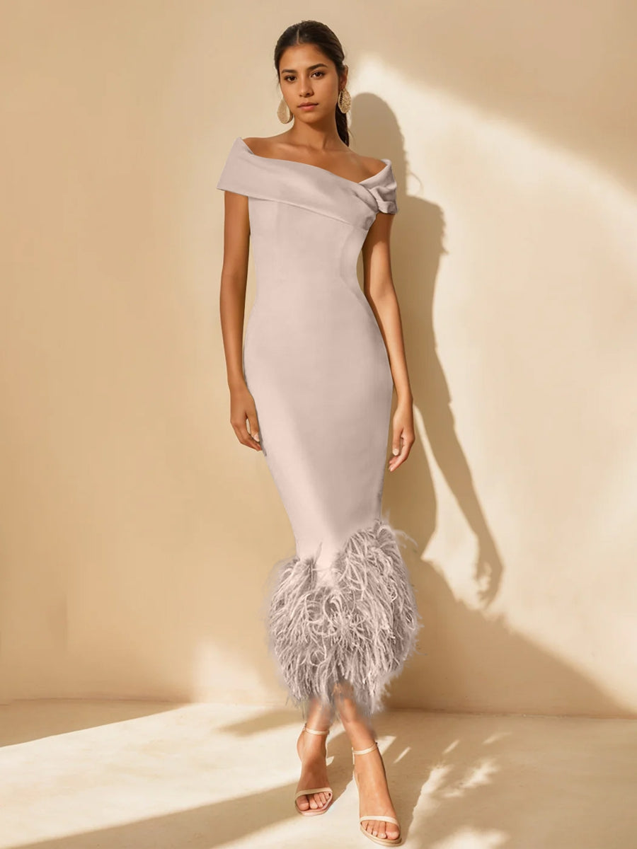 Unique Off-the-Shoulder Tea-Length Mother of the Bride Dress with Short Sleeves and Feathers