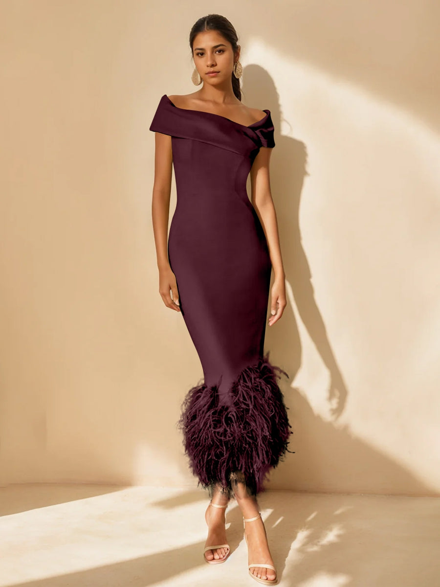 Unique Off-the-Shoulder Tea-Length Mother of the Bride Dress with Short Sleeves and Feathers