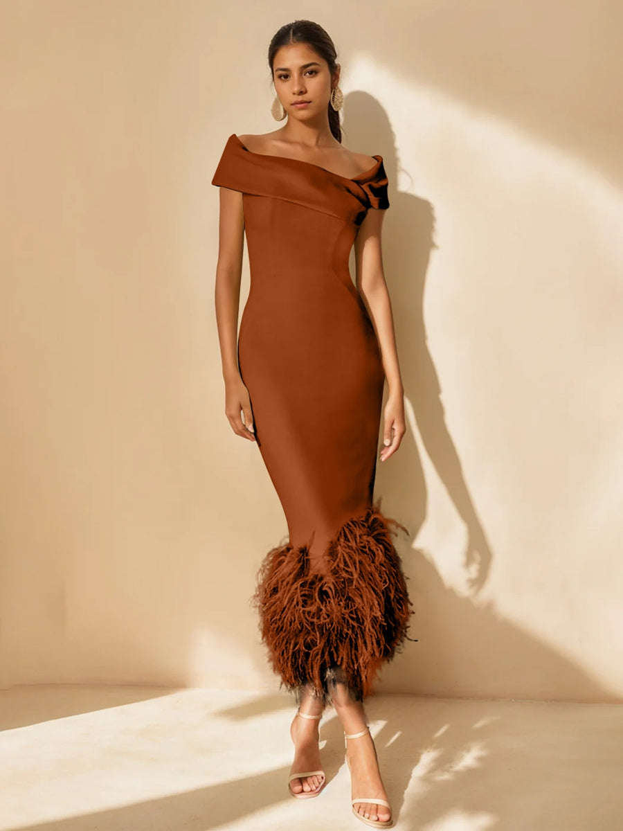 Unique Off-the-Shoulder Tea-Length Mother of the Bride Dress with Short Sleeves and Feathers