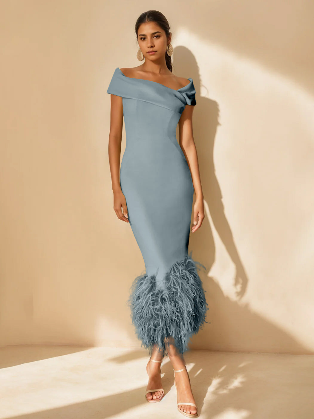 Unique Off-the-Shoulder Tea-Length Mother of the Bride Dress with Short Sleeves and Feathers