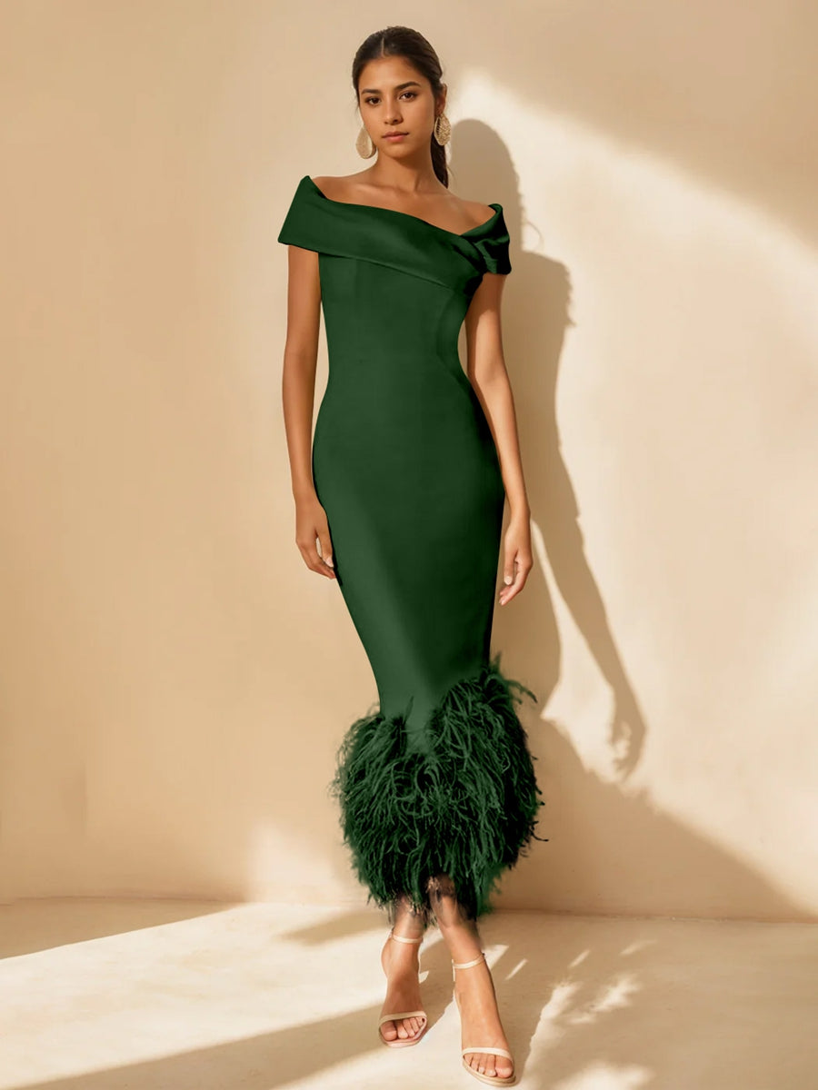 Unique Off-the-Shoulder Tea-Length Mother of the Bride Dress with Short Sleeves and Feathers