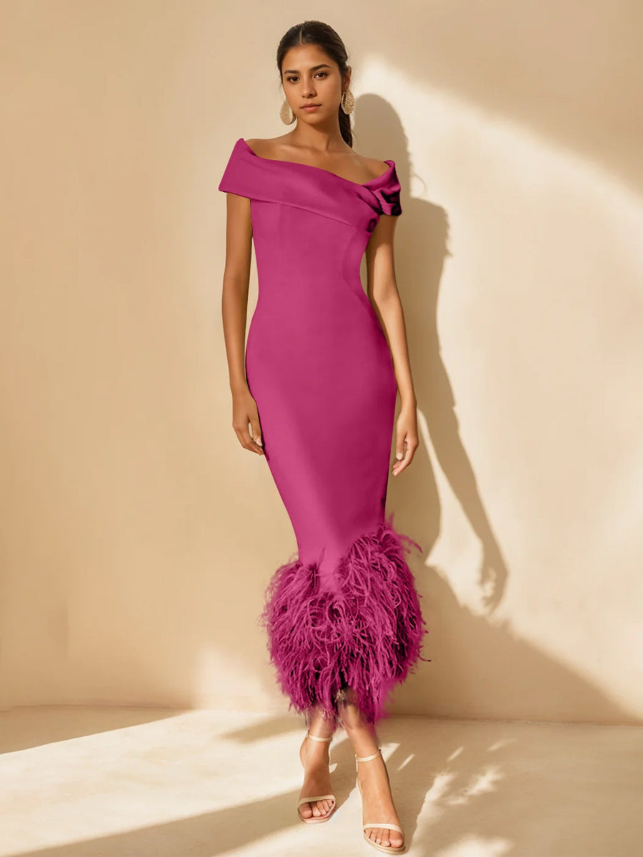 Unique Off-the-Shoulder Tea-Length Mother of the Bride Dress with Short Sleeves and Feathers