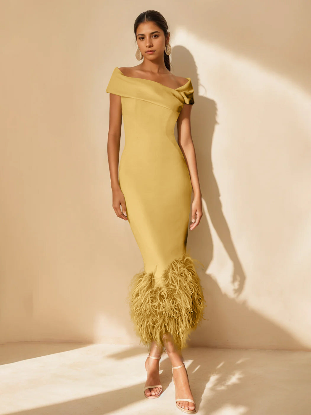 Unique Off-the-Shoulder Tea-Length Mother of the Bride Dress with Short Sleeves and Feathers