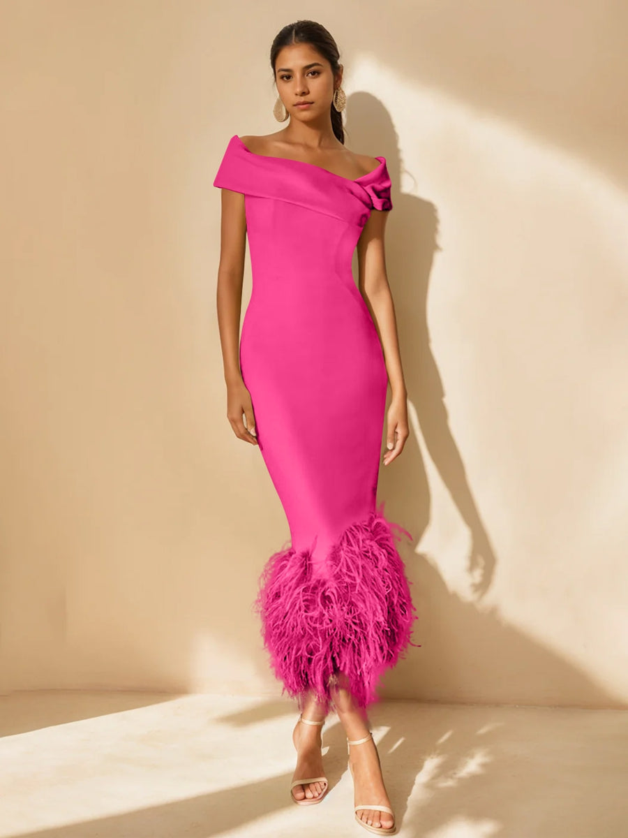 Unique Off-the-Shoulder Tea-Length Mother of the Bride Dress with Short Sleeves and Feathers