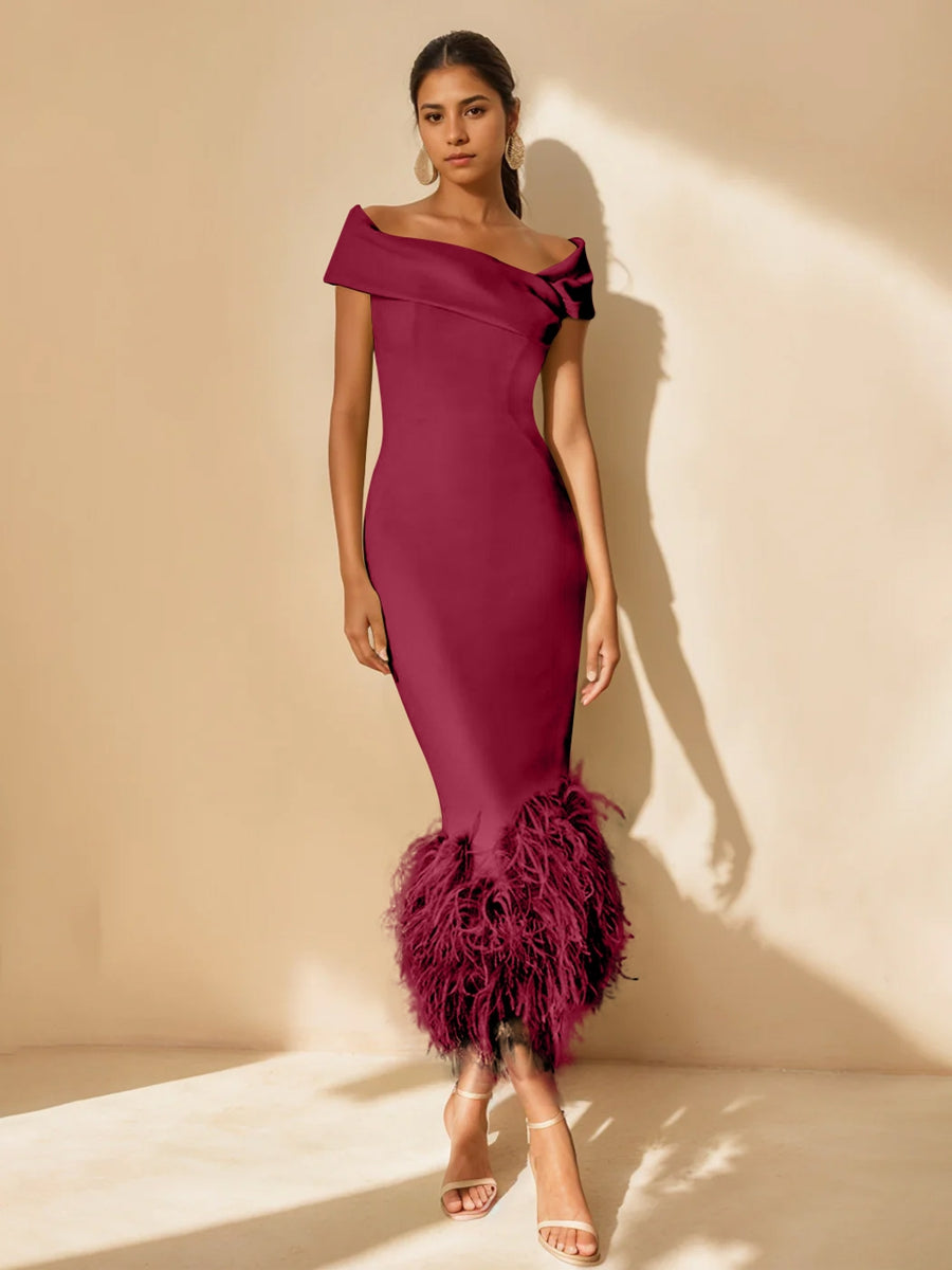 Unique Off-the-Shoulder Tea-Length Mother of the Bride Dress with Short Sleeves and Feathers