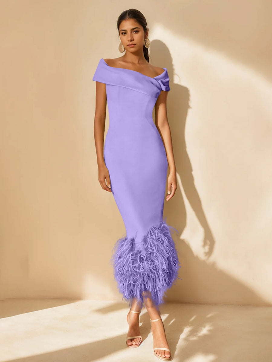 Unique Off-the-Shoulder Tea-Length Mother of the Bride Dress with Short Sleeves and Feathers
