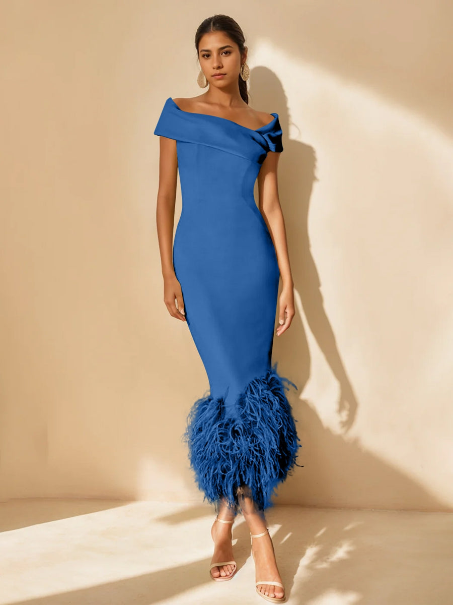 Unique Off-the-Shoulder Tea-Length Mother of the Bride Dress with Short Sleeves and Feathers