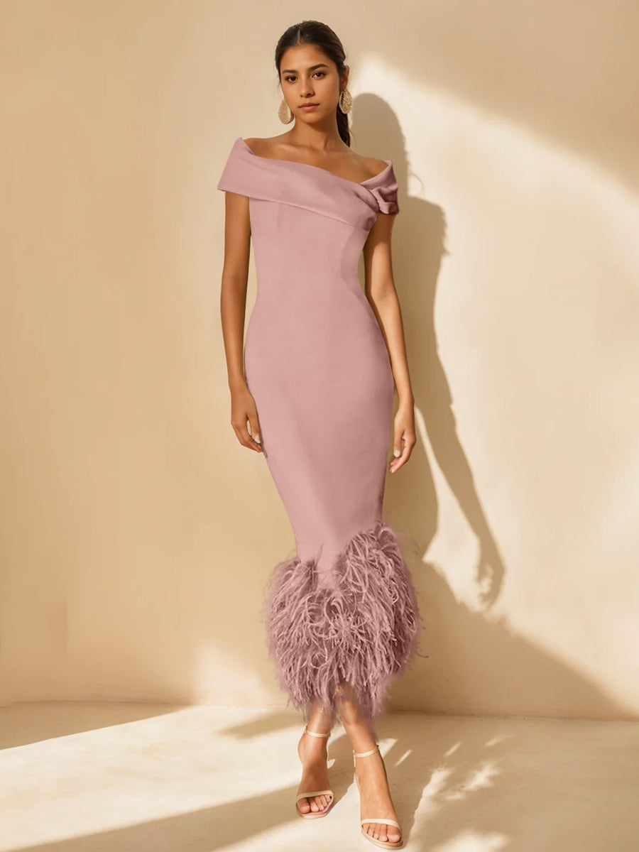 Unique Off-the-Shoulder Tea-Length Mother of the Bride Dress with Short Sleeves and Feathers