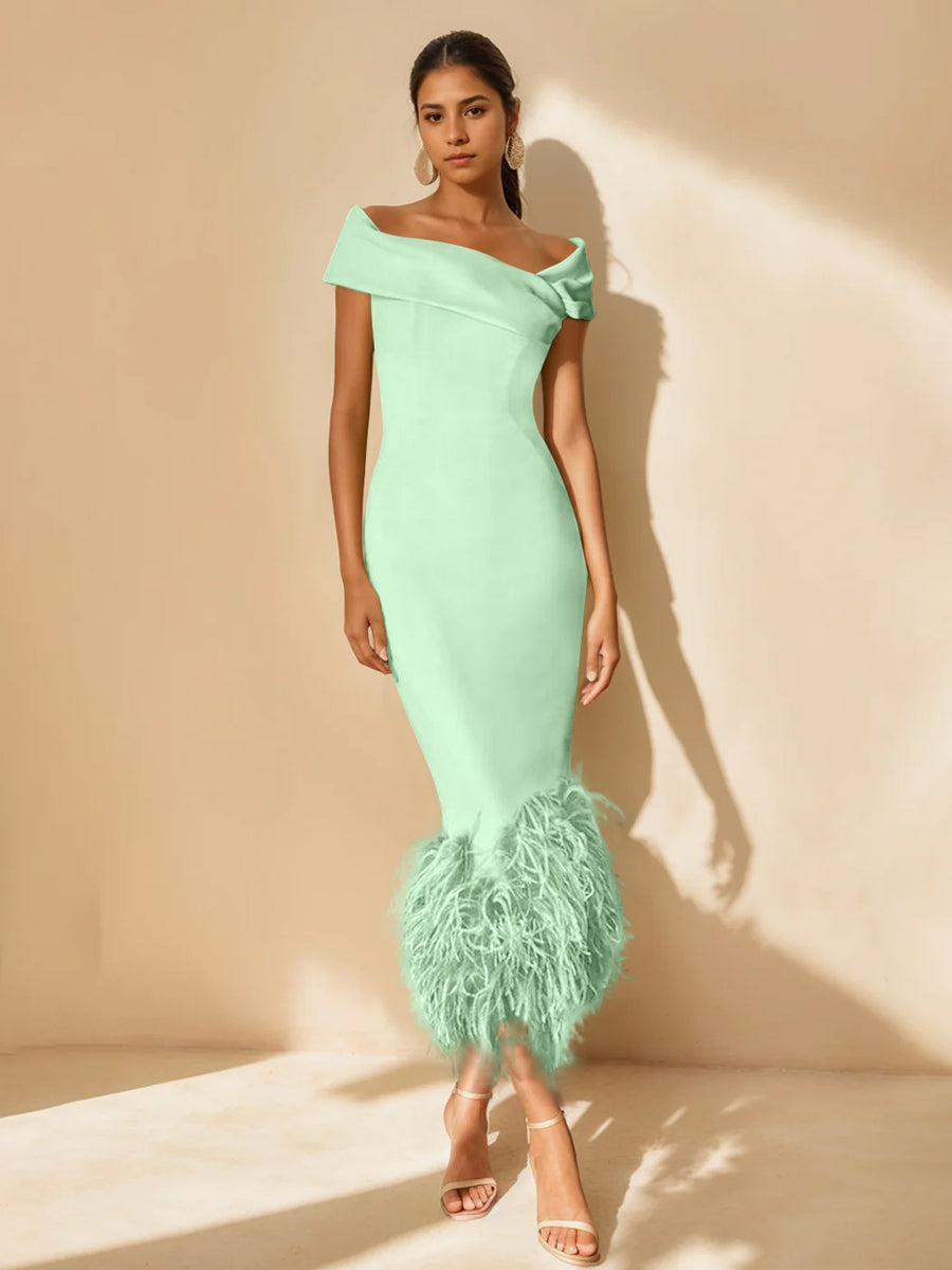 Unique Off-the-Shoulder Tea-Length Mother of the Bride Dress with Short Sleeves and Feathers