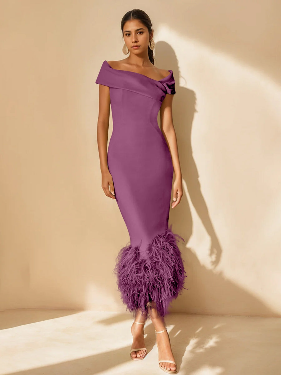 Unique Off-the-Shoulder Tea-Length Mother of the Bride Dress with Short Sleeves and Feathers