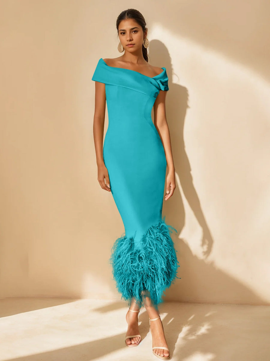 Unique Off-the-Shoulder Tea-Length Mother of the Bride Dress with Short Sleeves and Feathers