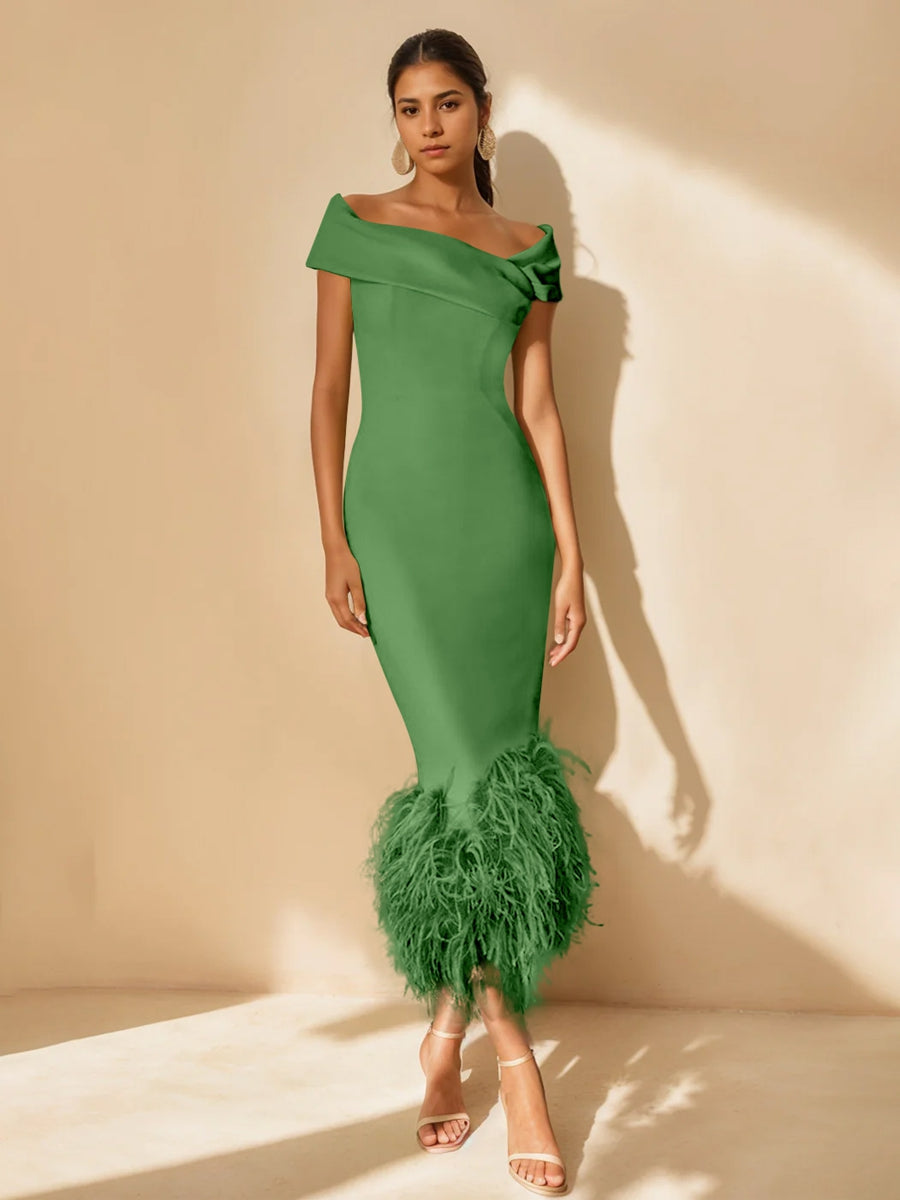 Unique Off-the-Shoulder Tea-Length Mother of the Bride Dress with Short Sleeves and Feathers