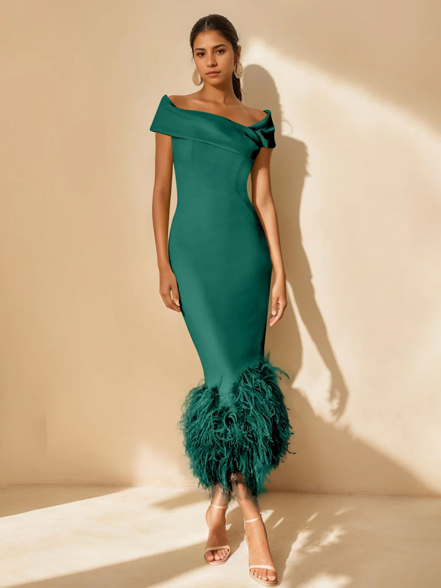 Unique Off-the-Shoulder Tea-Length Mother of the Bride Dress with Short Sleeves and Feathers