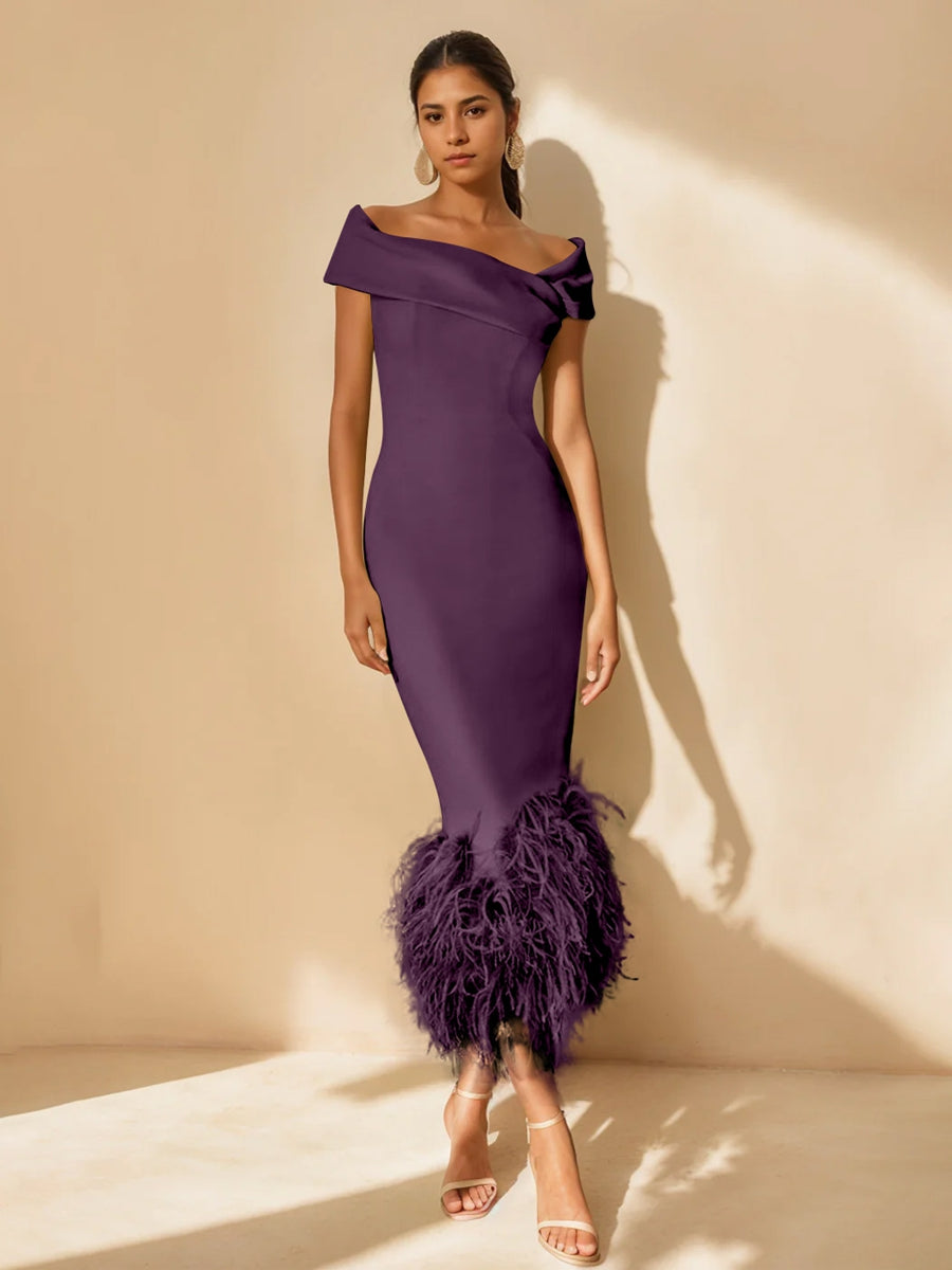 Unique Off-the-Shoulder Tea-Length Mother of the Bride Dress with Short Sleeves and Feathers
