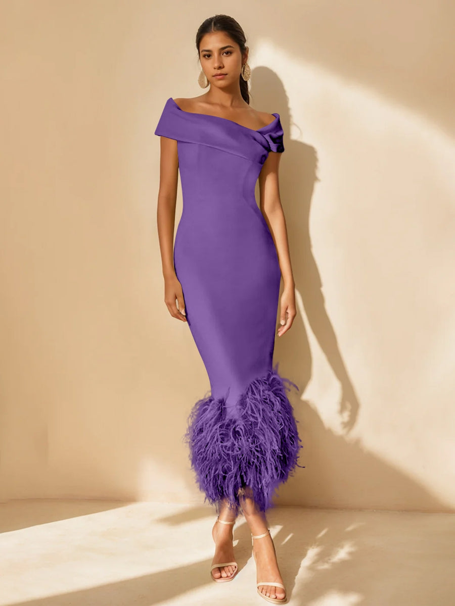 Unique Off-the-Shoulder Tea-Length Mother of the Bride Dress with Short Sleeves and Feathers