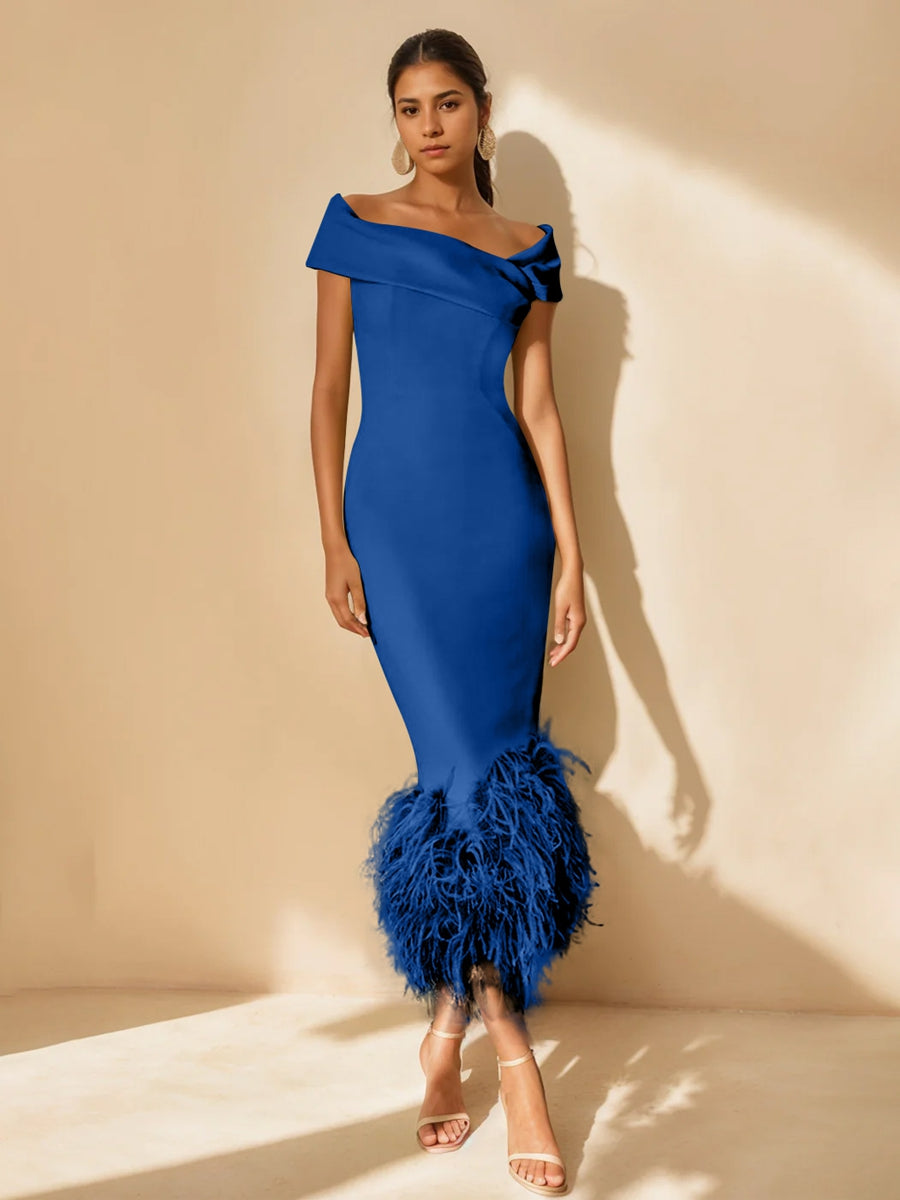 Unique Off-the-Shoulder Tea-Length Mother of the Bride Dress with Short Sleeves and Feathers