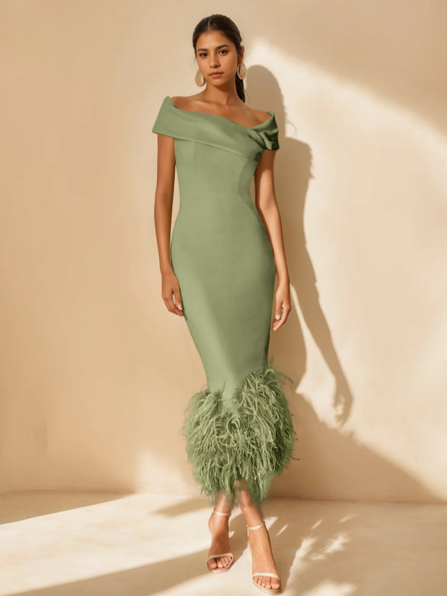Unique Off-the-Shoulder Tea-Length Mother of the Bride Dress with Short Sleeves and Feathers