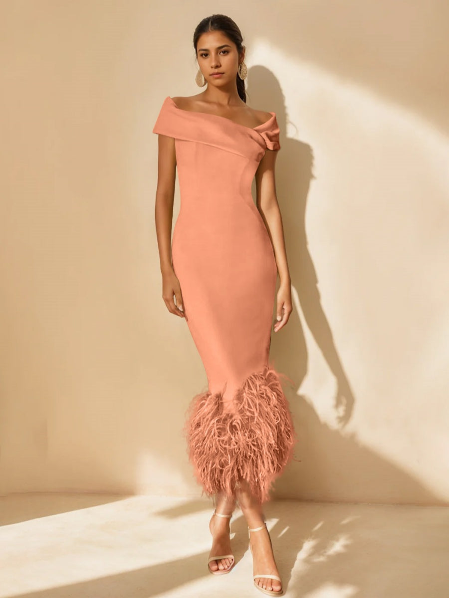 Unique Off-the-Shoulder Tea-Length Mother of the Bride Dress with Short Sleeves and Feathers
