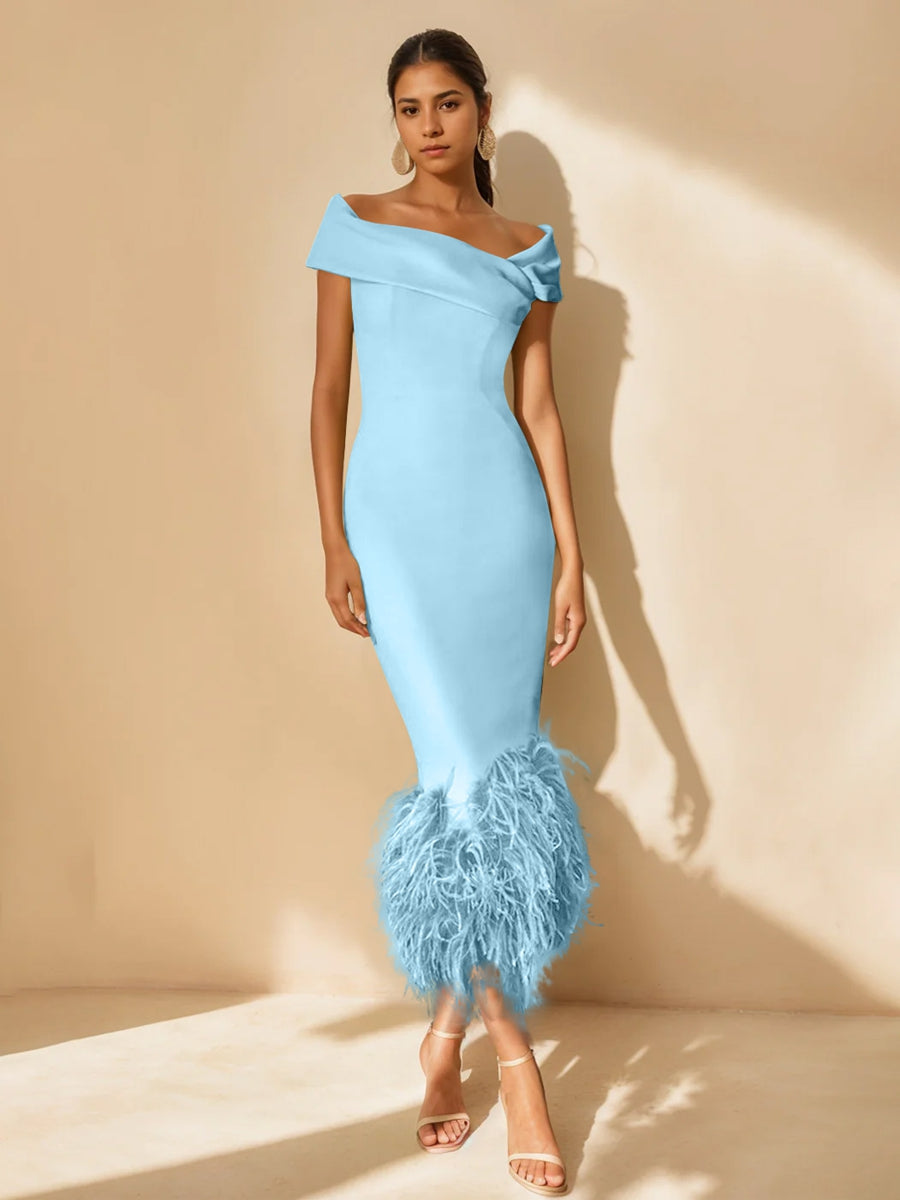 Unique Off-the-Shoulder Tea-Length Mother of the Bride Dress with Short Sleeves and Feathers