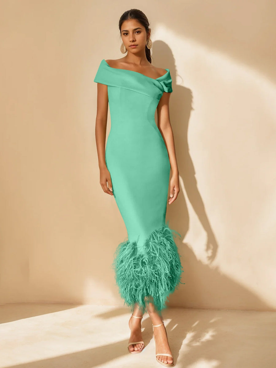 Unique Off-the-Shoulder Tea-Length Mother of the Bride Dress with Short Sleeves and Feathers