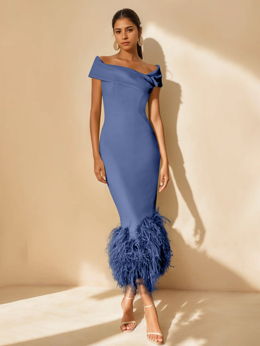Unique Off-the-Shoulder Tea-Length Mother of the Bride Dress with Short Sleeves and Feathers