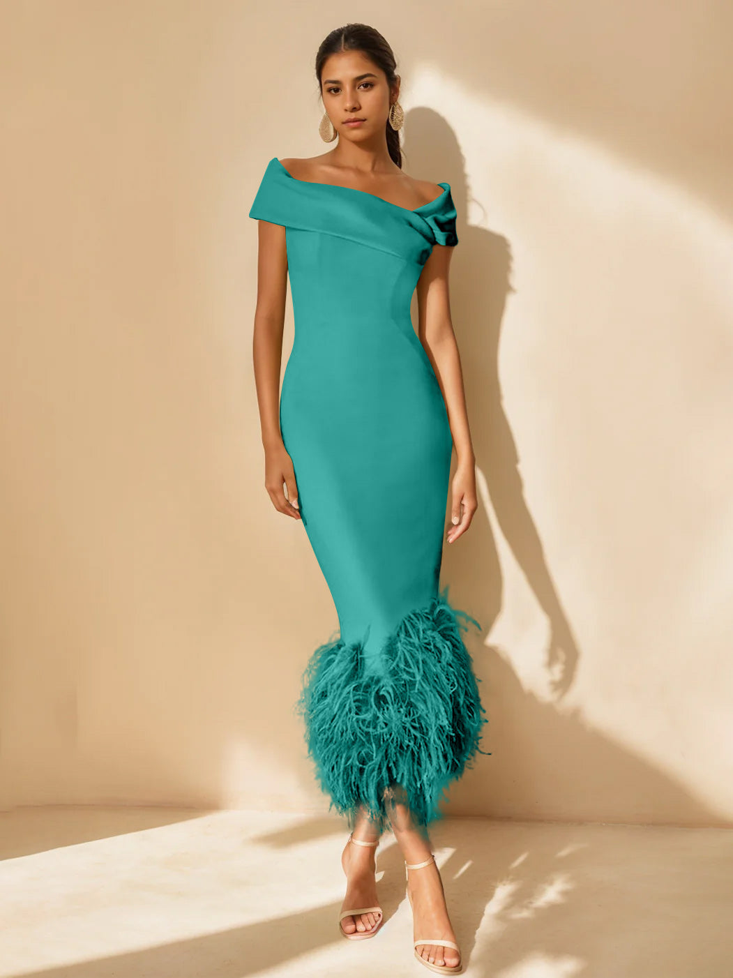 Unique Off-the-Shoulder Tea-Length Mother of the Bride Dress with Short Sleeves and Feathers