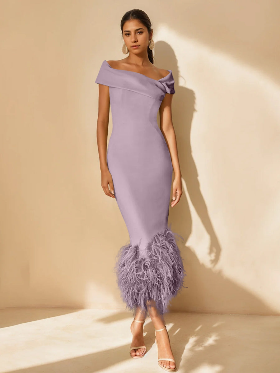Unique Off-the-Shoulder Tea-Length Mother of the Bride Dress with Short Sleeves and Feathers