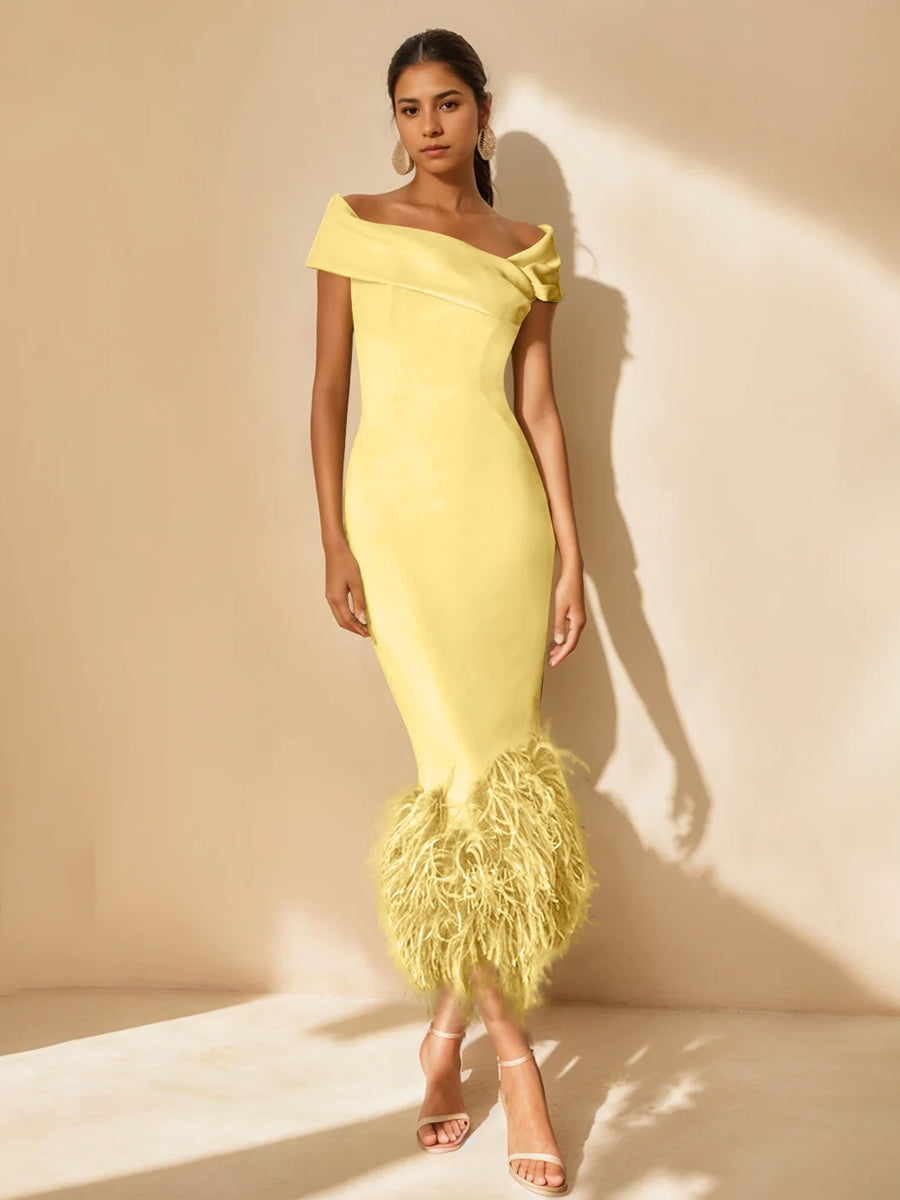 Unique Off-the-Shoulder Tea-Length Mother of the Bride Dress with Short Sleeves and Feathers