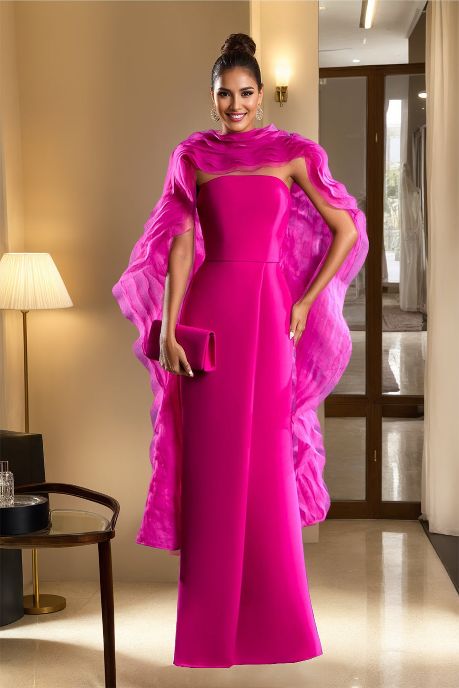 Unique Strapless Sleeveless Floor-Length Mother of the Bride Dress with Wraps & Ruffles