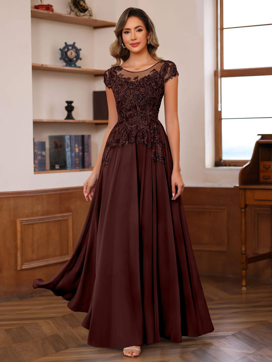Floor-Length A-Line Mother of the Bride Dress with Scoop Neck and Short Sleeves Featuring Appliques