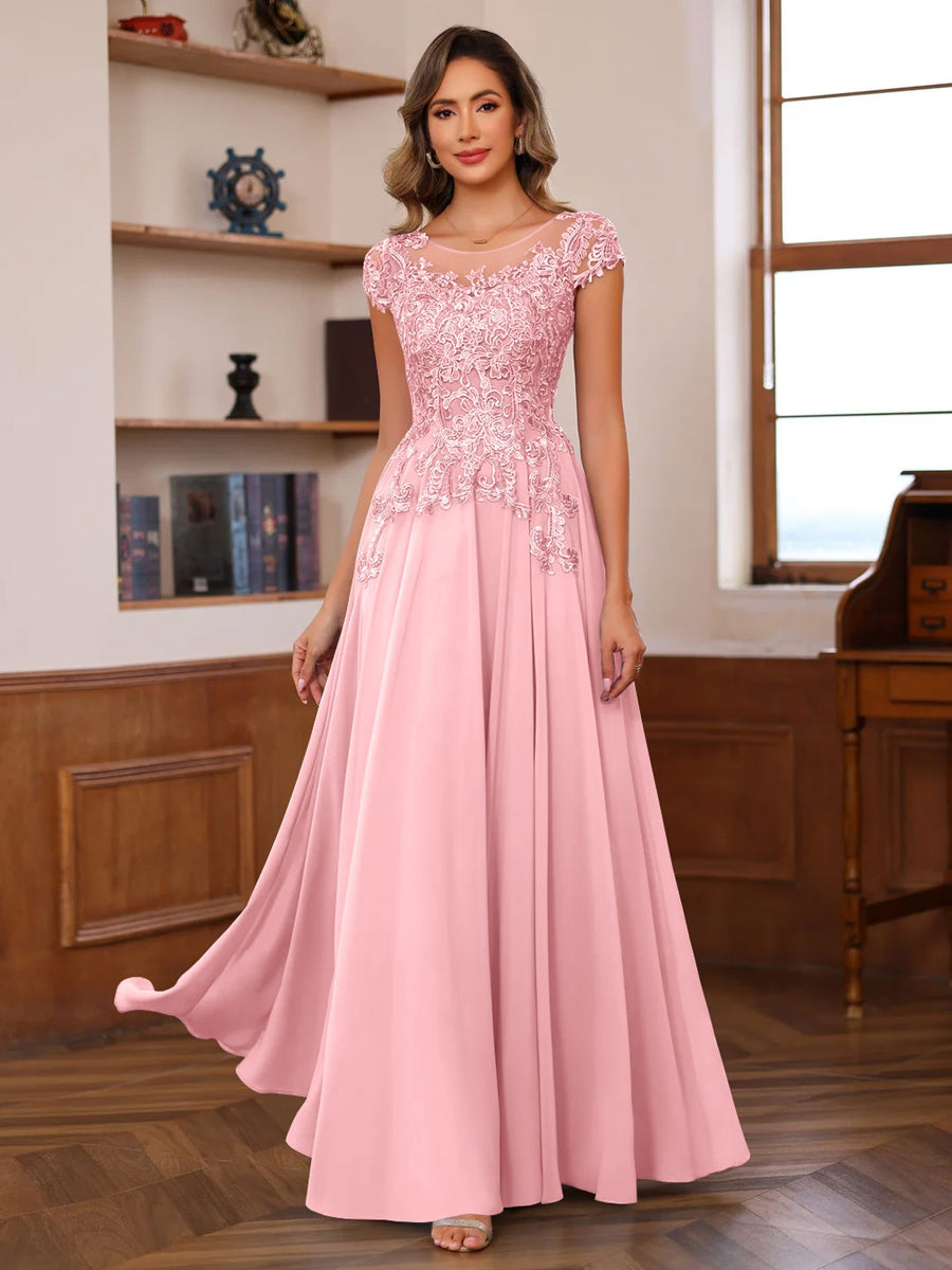 Floor-Length A-Line Mother of the Bride Dress with Scoop Neck and Short Sleeves Featuring Appliques