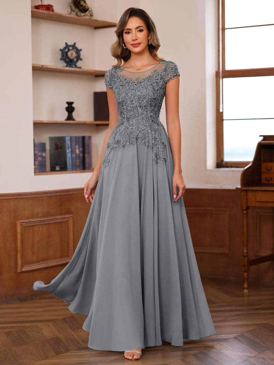Floor-Length A-Line Mother of the Bride Dress with Scoop Neck and Short Sleeves Featuring Appliques