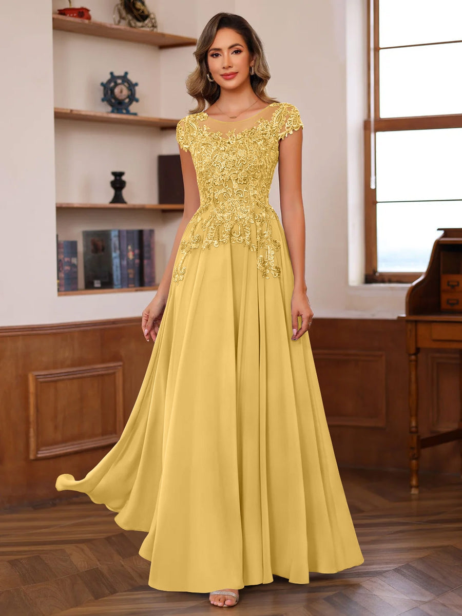 Floor-Length A-Line Mother of the Bride Dress with Scoop Neck and Short Sleeves Featuring Appliques